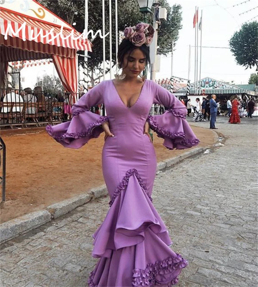 Spanish Flamenco Dance Evening Dress Fuchsia Queen Mermaid Flare Sleeves Prom Gowns Tight Custume Women Formal Party Customized