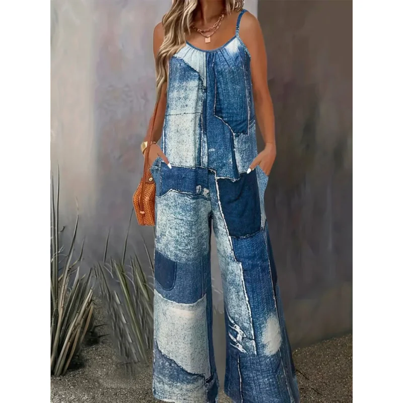 

Cross-Border New European and American Blue and White Spliced Summer Jumpsuit