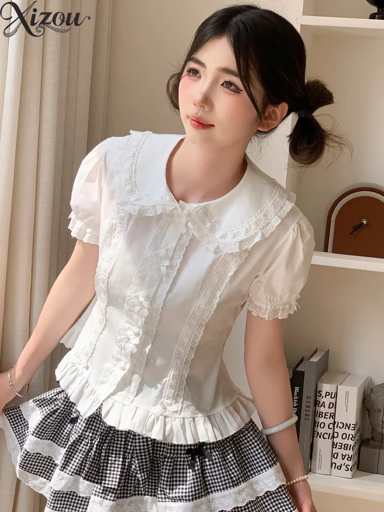 

Lolita Shirt Lace Blouse Trim Peter Pan Doll Collar Cotton Blend Lolita Top 2025 Spring​ Summer Japanese Sweet Short Sleeve Lady