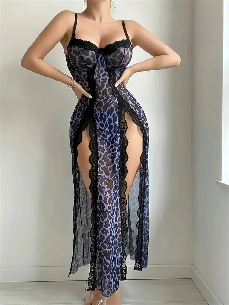 Women's Nightgown Lace Splicing Print Pajamas Dress V-Neck Suspender Nightdress Long Female Night Wear Boudoir Sexy Nightgown