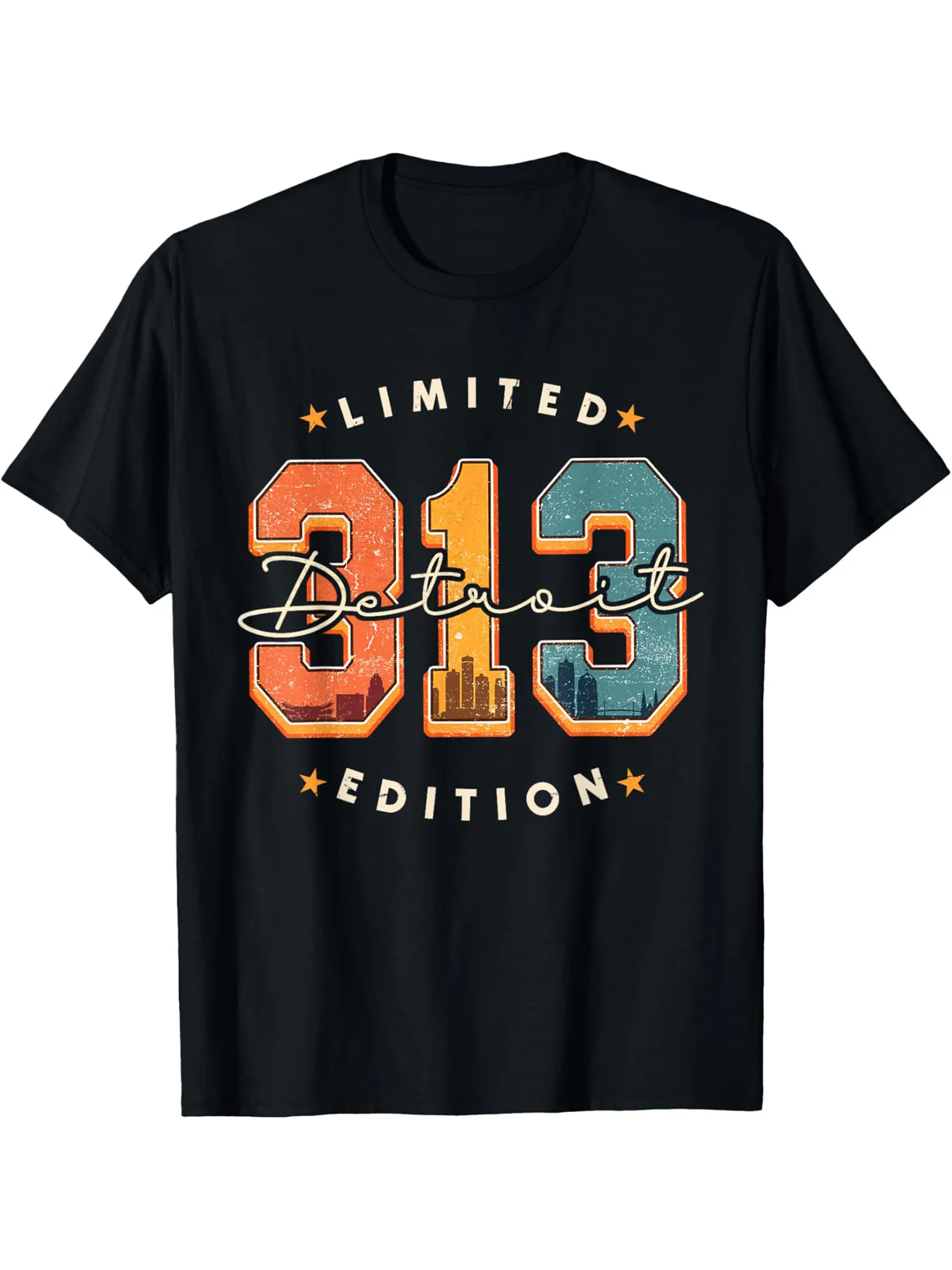 

[Vintage Detroit Skyline Tee] Retro Vintage Detroit Skyline 313 Area Code T-Shirt - for Men & Women