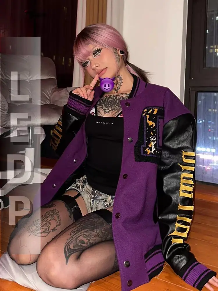 IMU Woman Purple Baseball Jacket Hip Hop Style Embroidery Printing Jacket European American High Street Fashion Women Uniform