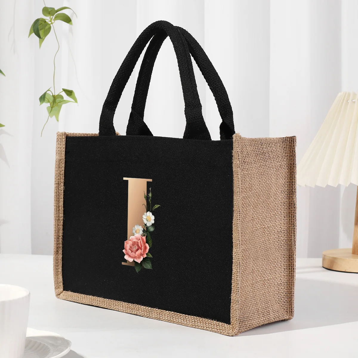 Gold  Letter Black Patch Linen Canvas Handbag, Interior Waterproof, Large Capacity Commuter Bag Storage Bag