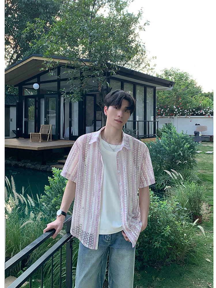 

Korean Sle Men's Stripe Hollow ort Sve irt Summer Trendy f Sve Jaet Couple's Loose Fit Polyester Fiber