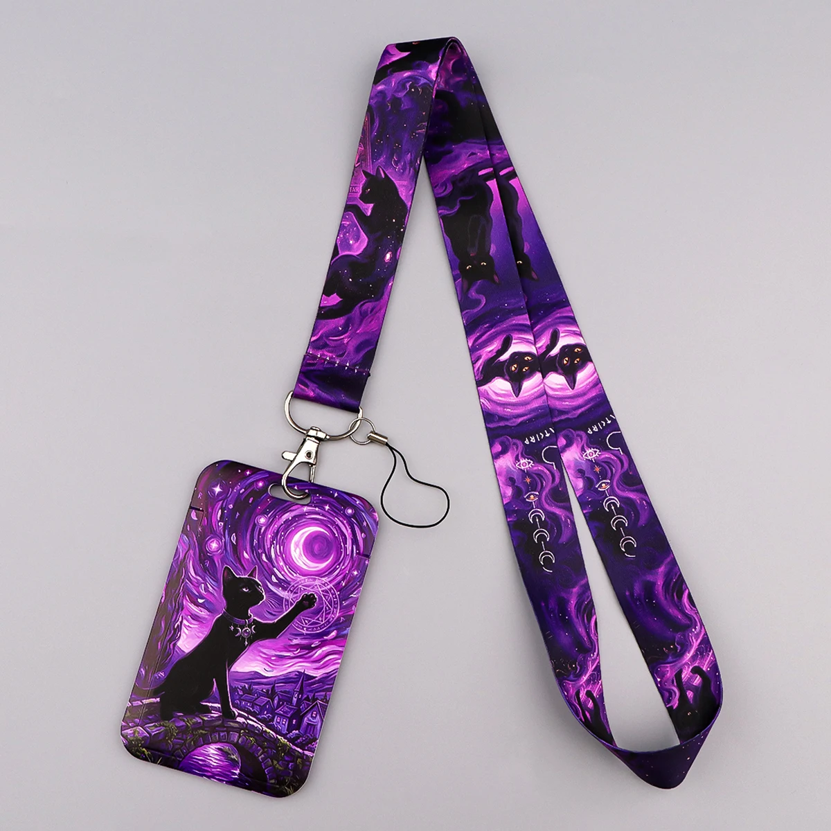 Tarot Card Black Cat Credential Holder Moon Purple Neck Strap Lanyard for Key Keychain USB Badge Holder Keyring Accessories Gift