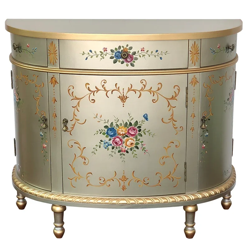 

American Style Sideboard Vintage Silver Painted Foyer Entrance Cabinet New Chinese Style Wall Semicircle Storage Curio Cabinet