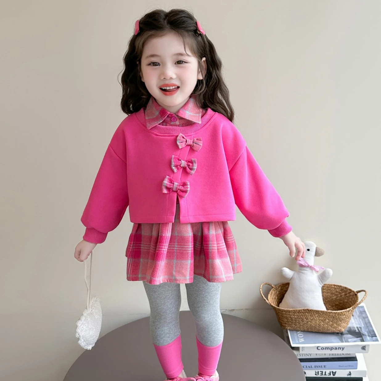 Meninas terno 2025 outono novas roupas infantis estilo coreano menina bebê xadrez costura com capuz leggings dois conjuntos de casual diário