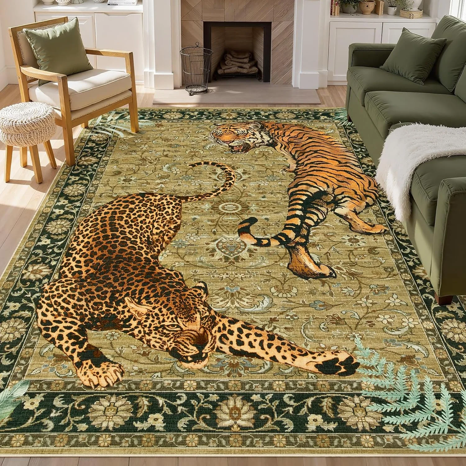 VIKAMA Boho Leopard Print Area Rug Non Slip Soft Floor Mat Living Room Bedroom Dining Office Indoor Home Decor Carpet