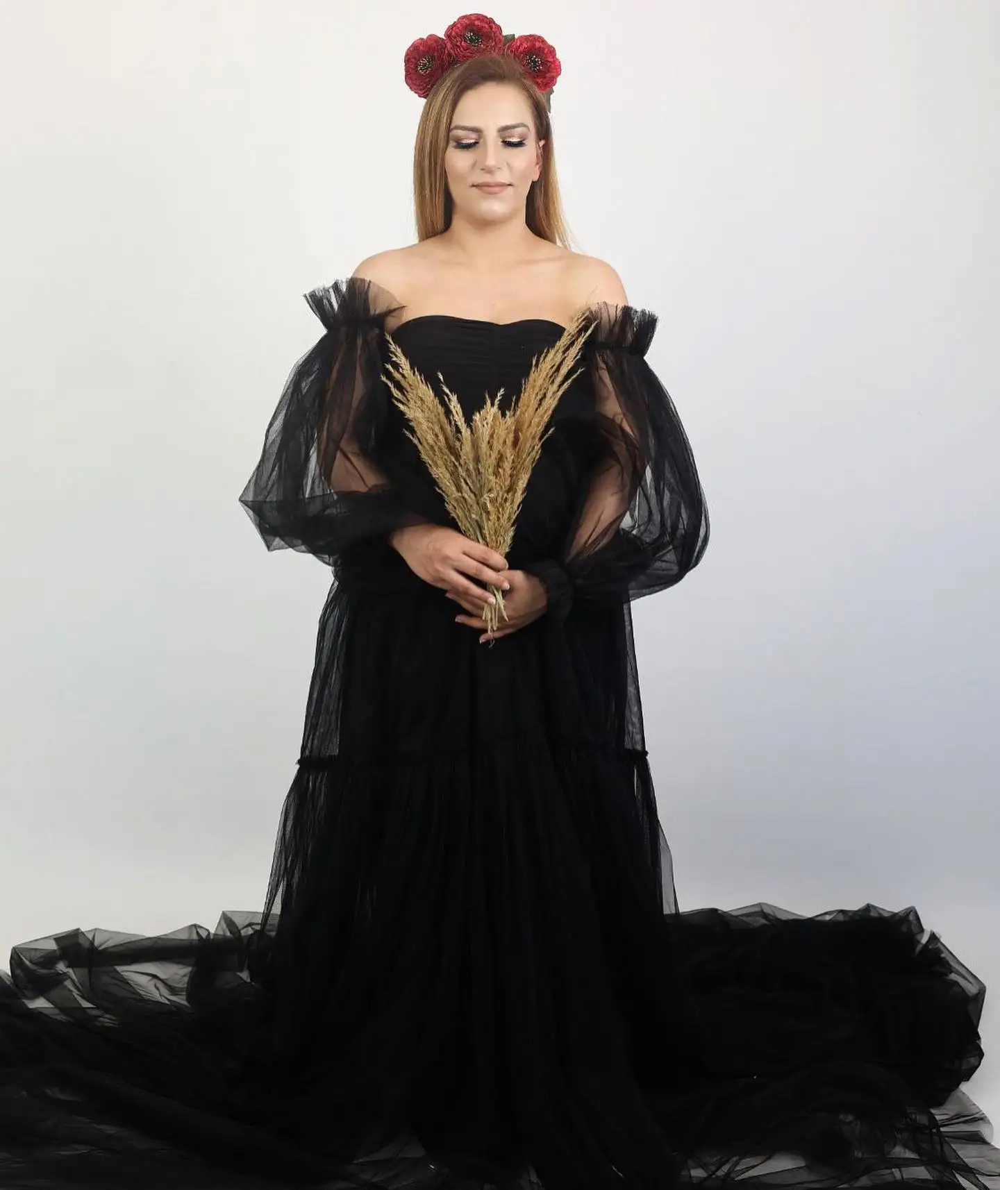 

Черное тюлевое женское платье для выпускного вечера для беременных для фотосессии, сексуальное свадебное утреннее платье с открытыми плечами и длинными рукавами, вечернее платье по индивидуальному заказу