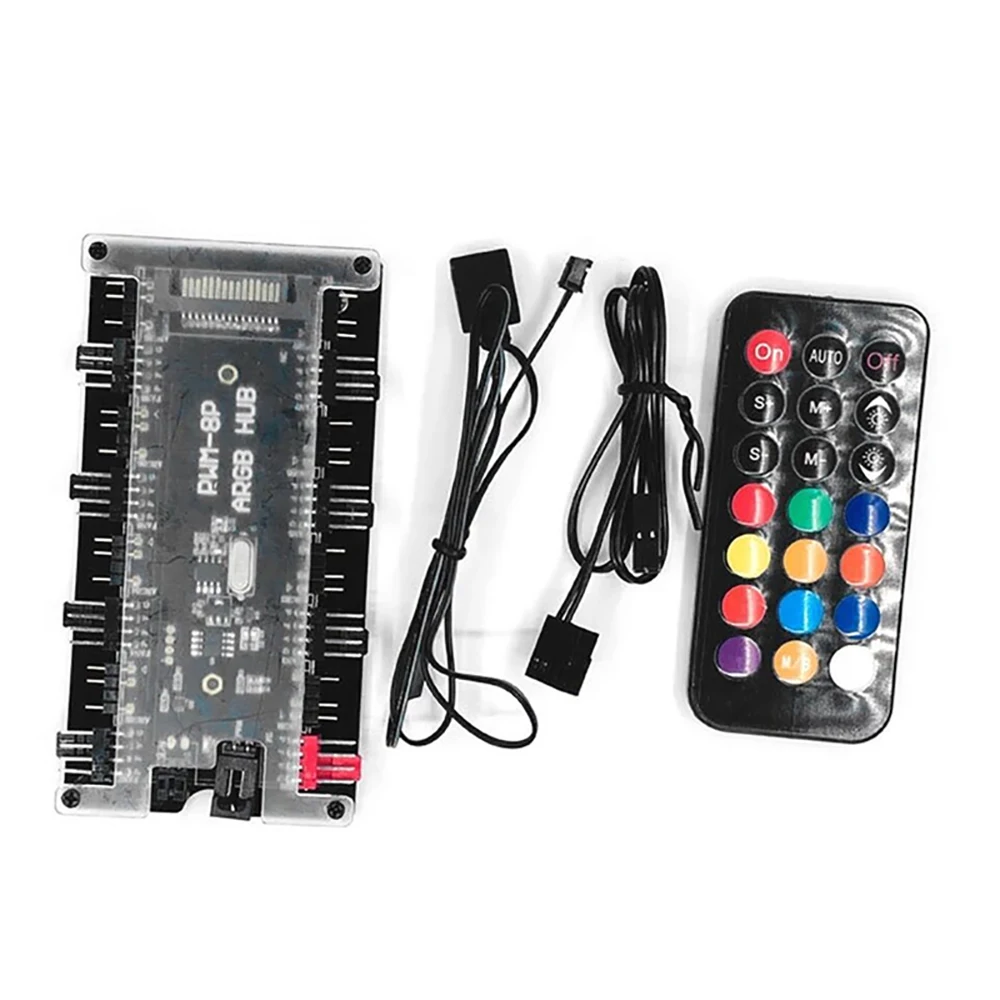 Fan Hub ARGB Controller 4Pin PWM Temperature Control 5V 3-Pin Synchronization Wireless Remote Control Chassis Fan Hub