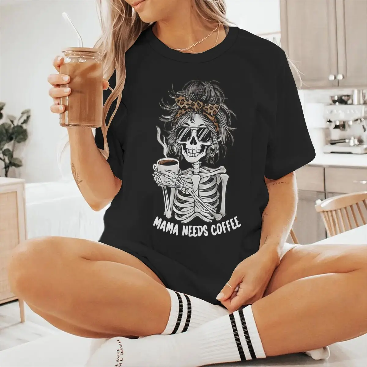 Mama Needs Coffee Vintage Women's T-shirts Fun Skeleton Coffee Print Graphic Short Sleeve T Shirt Casual Coffee Mom Tshirts Gift