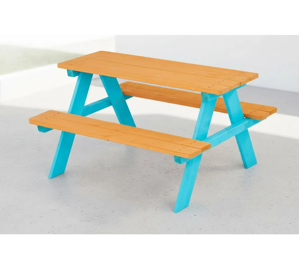 مجموعة طاولات ومقاعد خشبية للنزهات الخارجية للأطفال - صنوبر متين، سهل التجميع، لون مائي ممتع