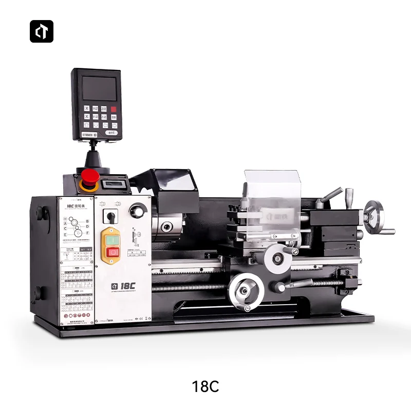18C Mini Metal Lathe Machine for Wood Metalworking Turning Drilling Threading Variable Speed 3 Jaw Chuck 2-axis Digital Display
