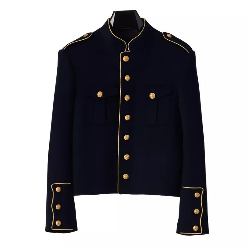 

Men's Workwear Jacket Gold Buttons Stand Collar Short Style Single Breasted Suit With Shoulder Oadded Stage Show Trendy Jacket