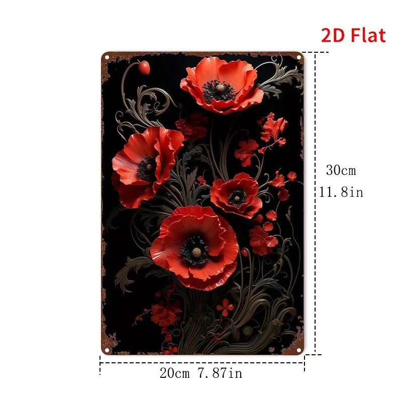 2D Flat, 1pc, Metal Sign, Red Poppy Flower Tin Plate Painting Art Decoration, 8X12 Inches (20X30 Cm) Rustic Iron Wall Art, Perfe