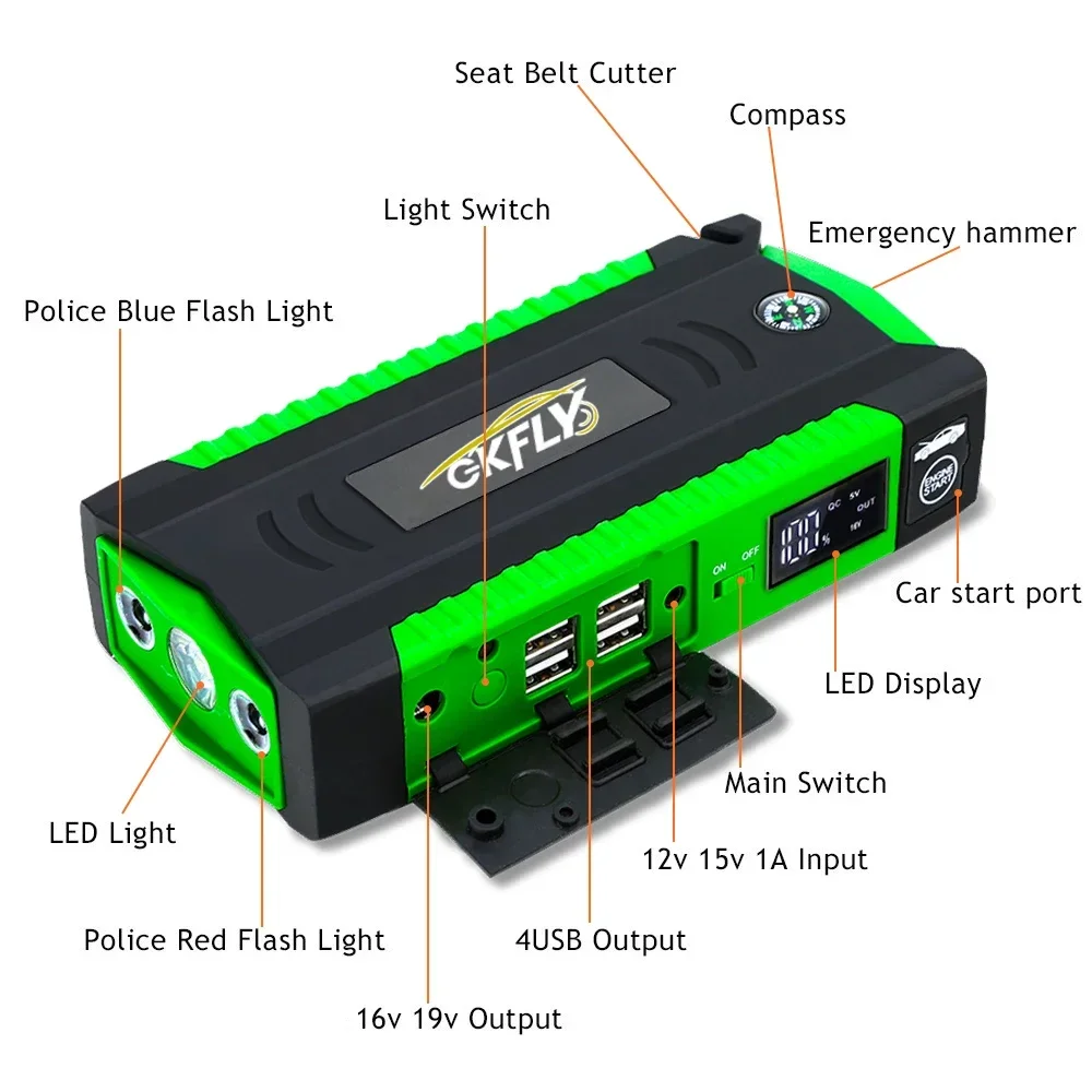 Przenośne urządzenie rozruchowe 12V Benzyna Diesel Wysokiej mocy rozrusznik samochodowy Ładowarka samochodowa do akumulatora samochodowego Booster Power Bank