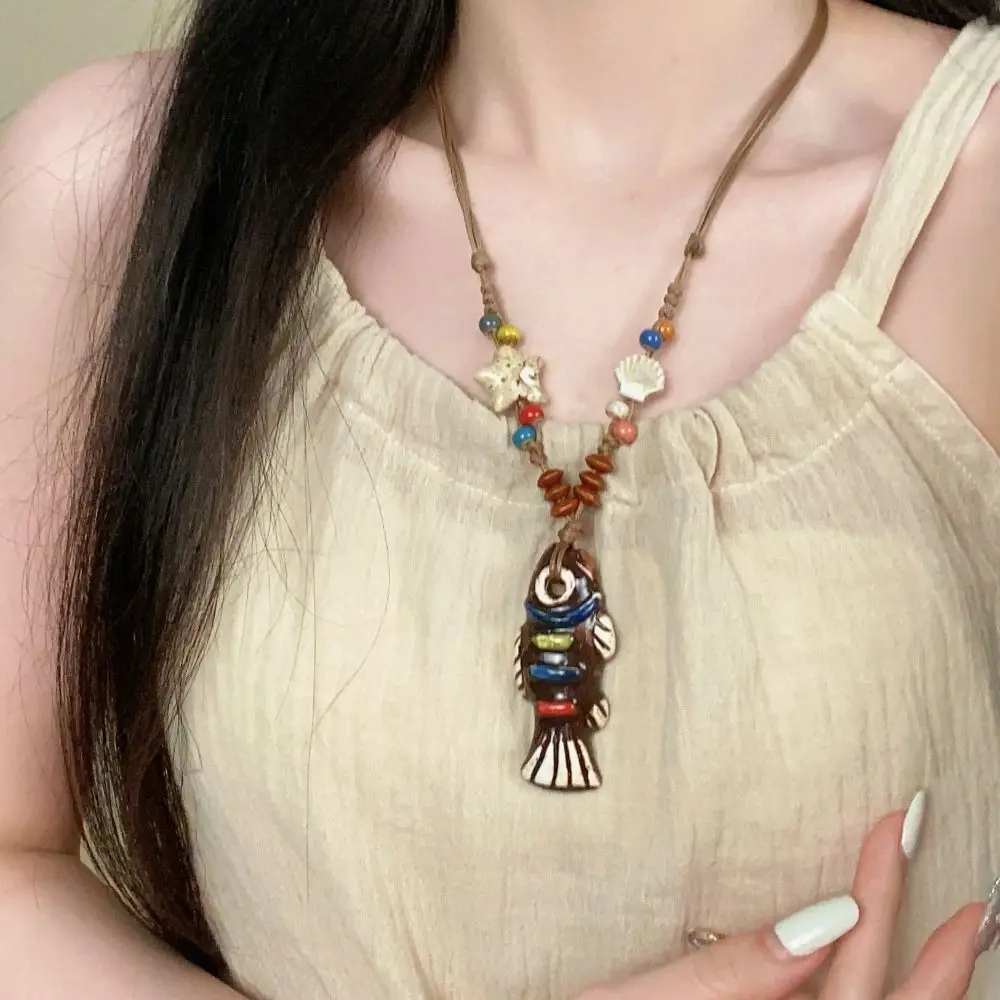 

Retro Vintage Ceramic Fish Necklace Tassel Woven Rope Bohemian Style Choker Wood Bead Ethnic Style Necklace Party