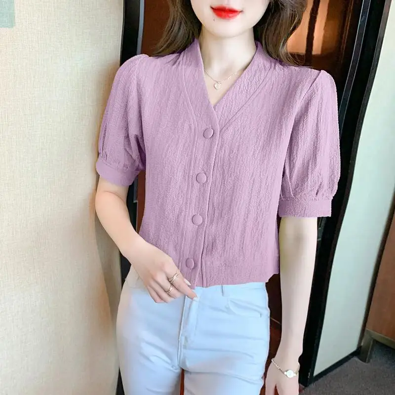 Women Clothing Korean Fashion Vintage Elegant Button Shirts 2024 Summer V Neck Slim Blouses Solid Short Sleeve Tops Blusas Mujer