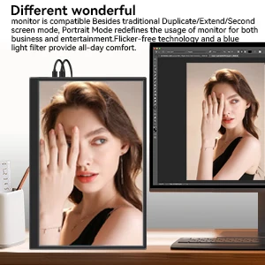 Two large digital photo frames displaying portraits of a woman. Text describes 'Different EYE' technology for screen modes and flicker-free viewing.