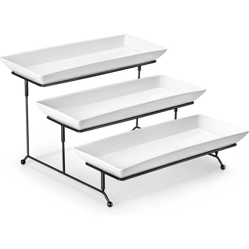 

3 Tier Serving Tray, Porcelain Tiered Tray Stand, 14 Inch Ceramic Serving Platter with Collapsible Sturdier Rack, Dessert Wihte