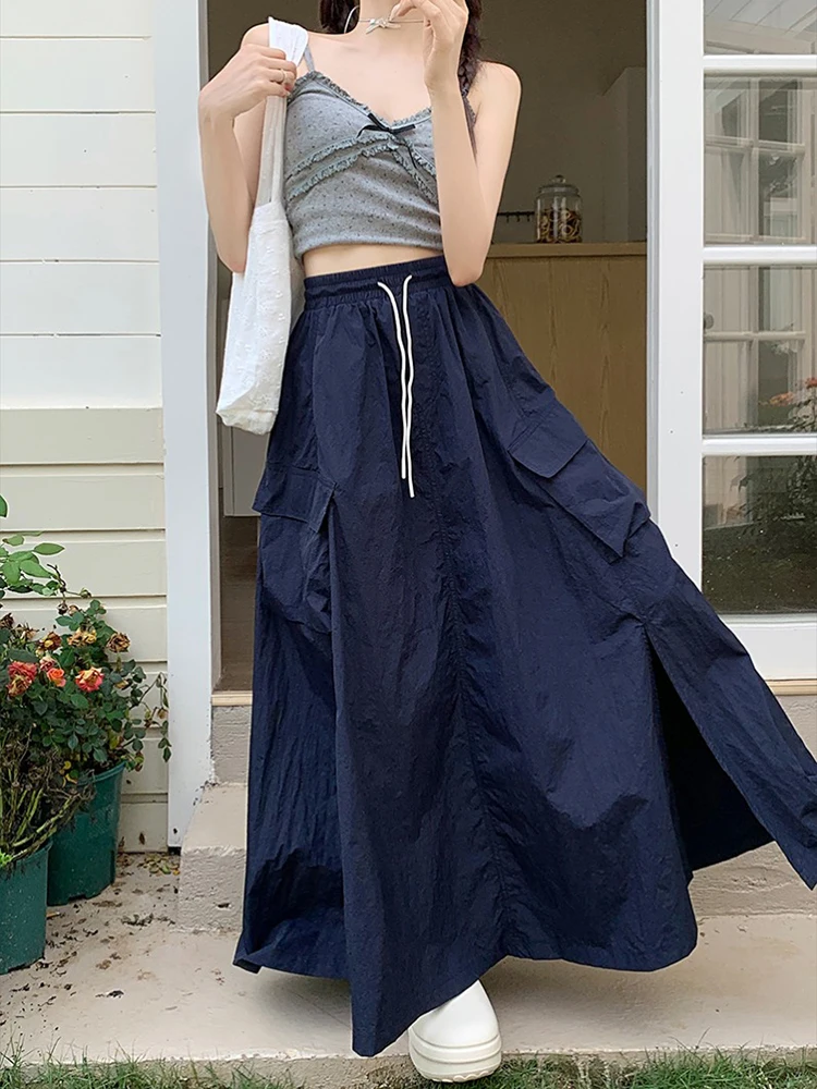 

2024 New Spring Summer Women Large Pockets Midi Skirt Elastic Waist Drawstring A-Line Casual Female Jupe