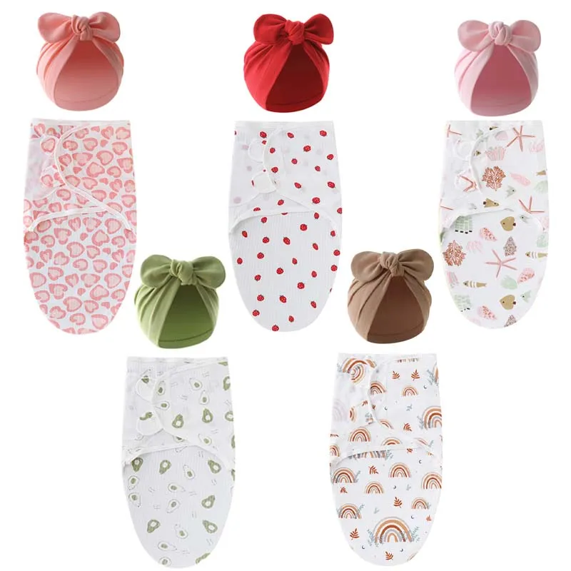 

1Set Baby Swaddle Blanket Newborn Big Bow Fetal Cap Cotton Print Sleeping Bag Infant Wrap Turban Hat Toddler Bedding Stuff 0-1Y