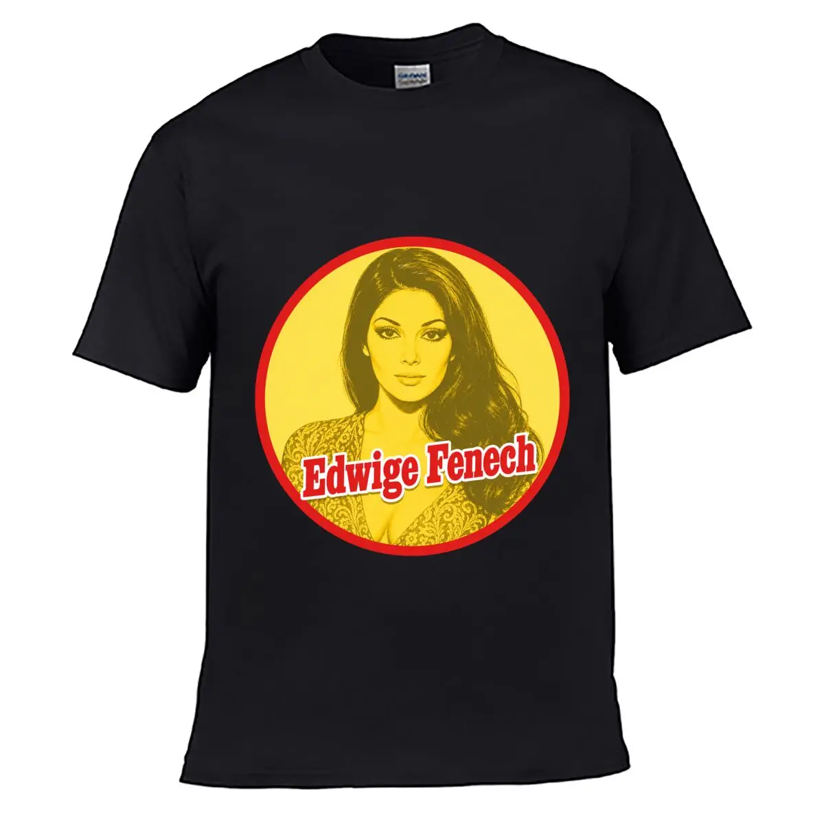 Camiseta Vintage Edwige Fenech con Retrato Circular, Lavado Sólido, Estilo Desgastado y Holgado