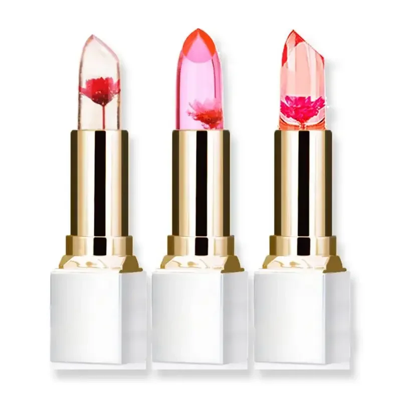 Drie kleuren optionele natuurlijke transparante lippenbalsem gedroogde bloemgelei kleur veranderende lippenstift langdurige vochtinbrengende crème make-up