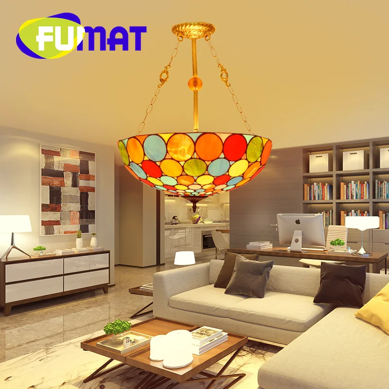 

FUMAT Tiffany Bohemian style colorful glass chandelier Art Deco Hotel Living Room Dining Room Bedroom upside-down pendant light