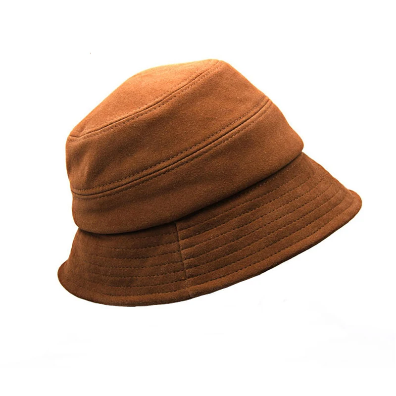 2025 Fall Winter Suede Leather Women's Bucket Hats Retro Brown Real Leather Fisherman Hat Outdoor Casual Cap Sunscreen Hat