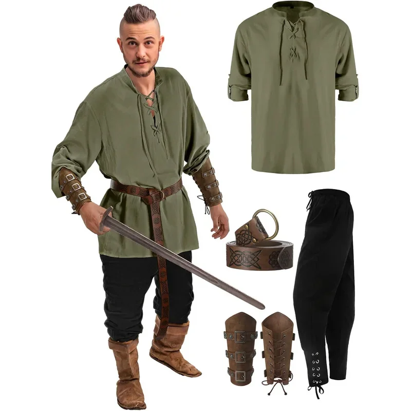 Jiuguva 4 قطعة مجموعة أزياء الهالوين للرجال عصر النهضة قميص القرون الوسطى القراصنة الكاحل النطاقات السراويل فايكنغ حزام الملحقات