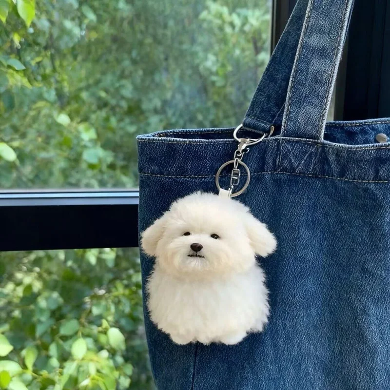 

Super Cute Bichon Frise Plush Pendant Realistic Dog Toy Figurine Birthday Gift Keychain Adorable