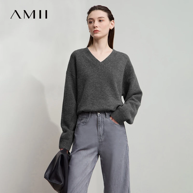

AMII Women's Sweater 2025 Autumn New Casual V-neck Knitted Women's Clothing Long Sleeve Loose Versatile Basic Top Female12553039