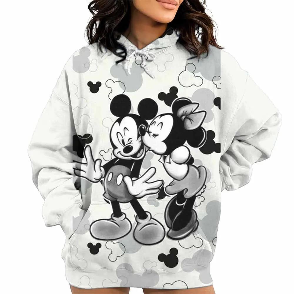 هوديي نسائي بنمط ميكي وميني مريح للخريف/الشتاء، إصدار كامل، طباعة أيقونة مناسبة للدفء غير الرسمي