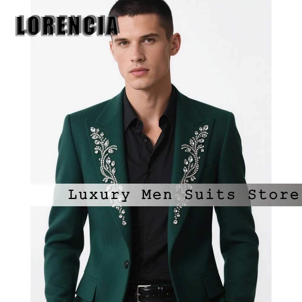 

Formal Crystal Suits for Male 2 Pieces Peak Label Tuxedos Wedding Party Ouftits Customized Blazer Pants jaqueta masculina couro