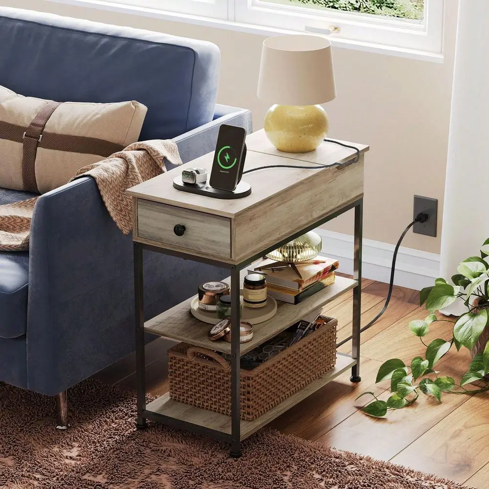 

Side Table With Charging Station, End Table For Living Room, Couch Side Table With Fabric Drawer For Bedroon