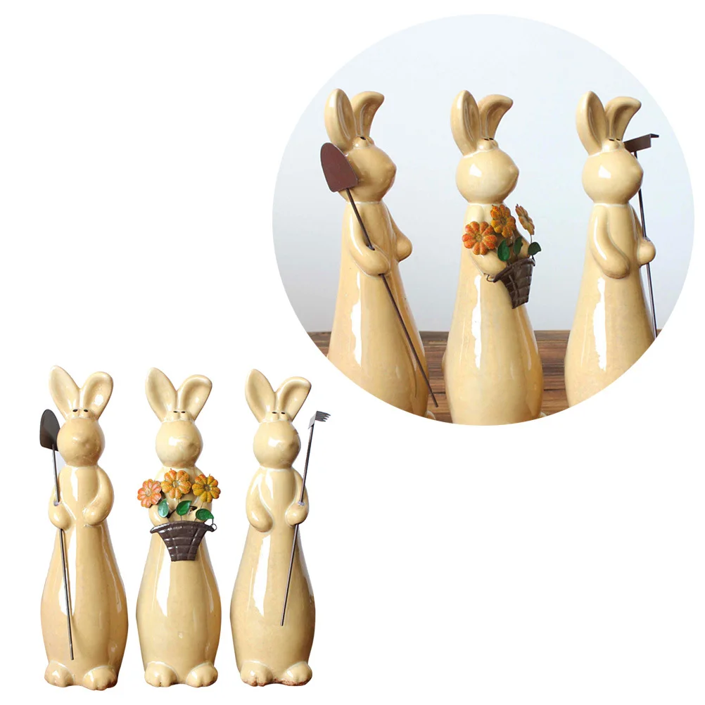 

3 Pcs Christmas Decor Ceramic Bunny Handicraft Rabbit Ornament Figurine Gifts Easter