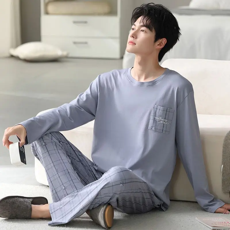 

Осень 2024, хлопковые пижамные комплекты больших размеров с длинными рукавами для мужчин, повседневная клетчатая одежда для сна, мужская одежда для дома, домашняя одежда, домашняя одежда