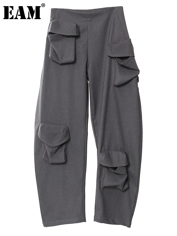 

[EAM] Low Waist Gray Irregular Cut Pockts Long Cargo Pants New Loose Fit Trousers Women Fashion Tide Spring Autumn 2024 1DH2816