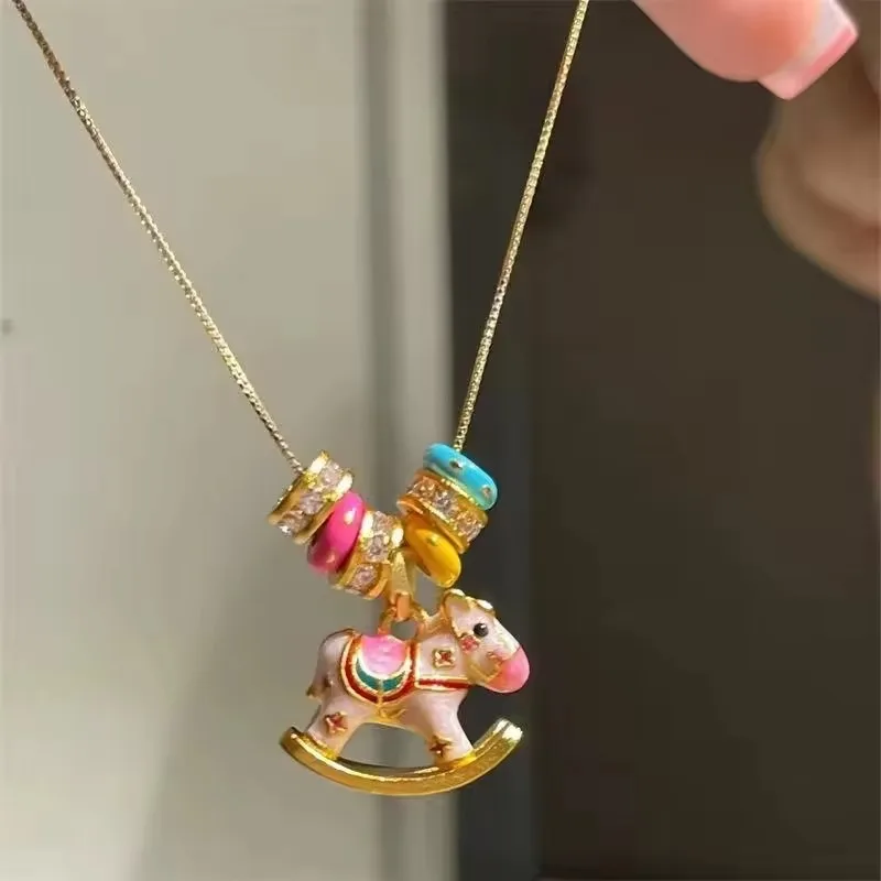 

Delicate Cute Trojan Horse Enamel Pendant Bead Chain Gold Color Necklace for Y2K Girl Women Gift Jewelry Accessories
