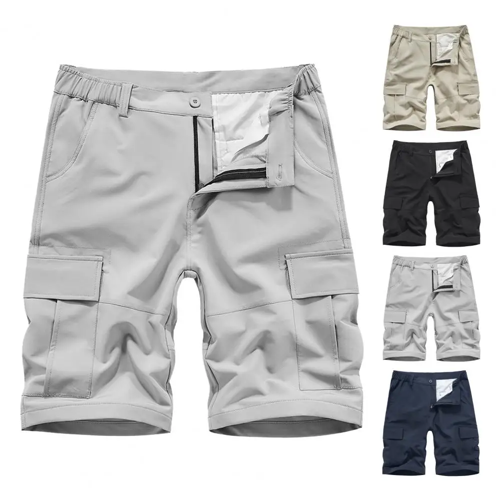 Solid Color Shorts Men Shorts Men's Elastic Waist Cargo Pants with Multiple Pockets Zipper Closure Comfortable for Everyday