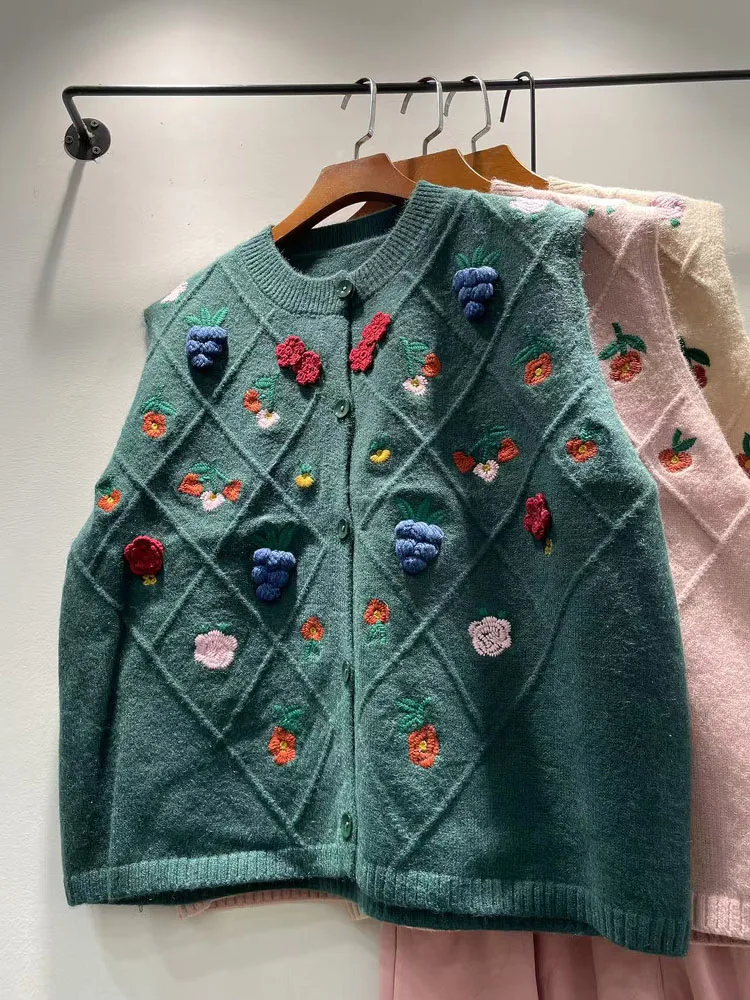 

Spring 2025 Women's Loose Knitted round Ne Vest ape Decal Casual Commute Sle Faionable Plant Floral Patterned Top