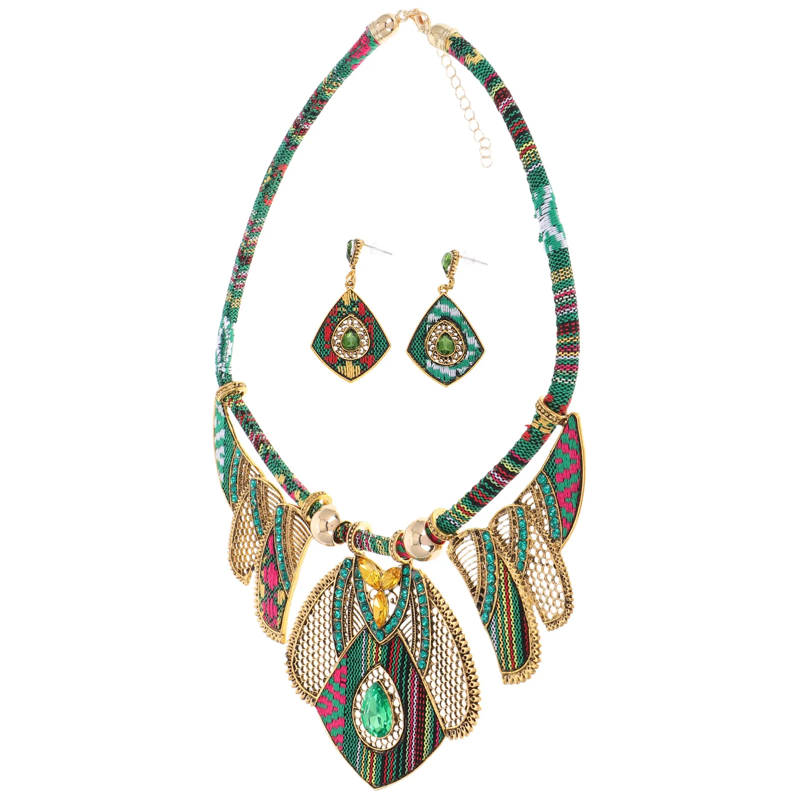 

Bohemian Earrings Set Women Cloth Rope Alloy Material Long Serving Life Fashion Costume Party Accessories Green Necklace