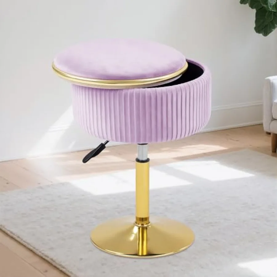 

Adjustable Vanity Stool with Storage, 360° Swivel Makeup Stool Chair Small Velvet Round Ottoman with Gold Base for Bedroom