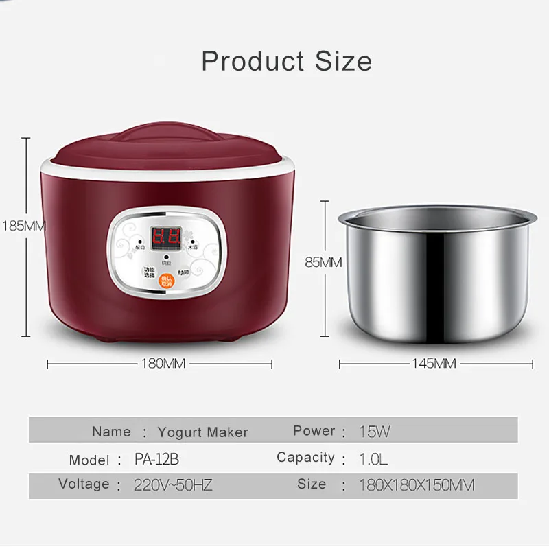 1.0L Electric Automatic Yogurt Maker Multifunctional Thermostatic Yogurt Machine Rice Wine Natto Machine Stainless Steel Liner