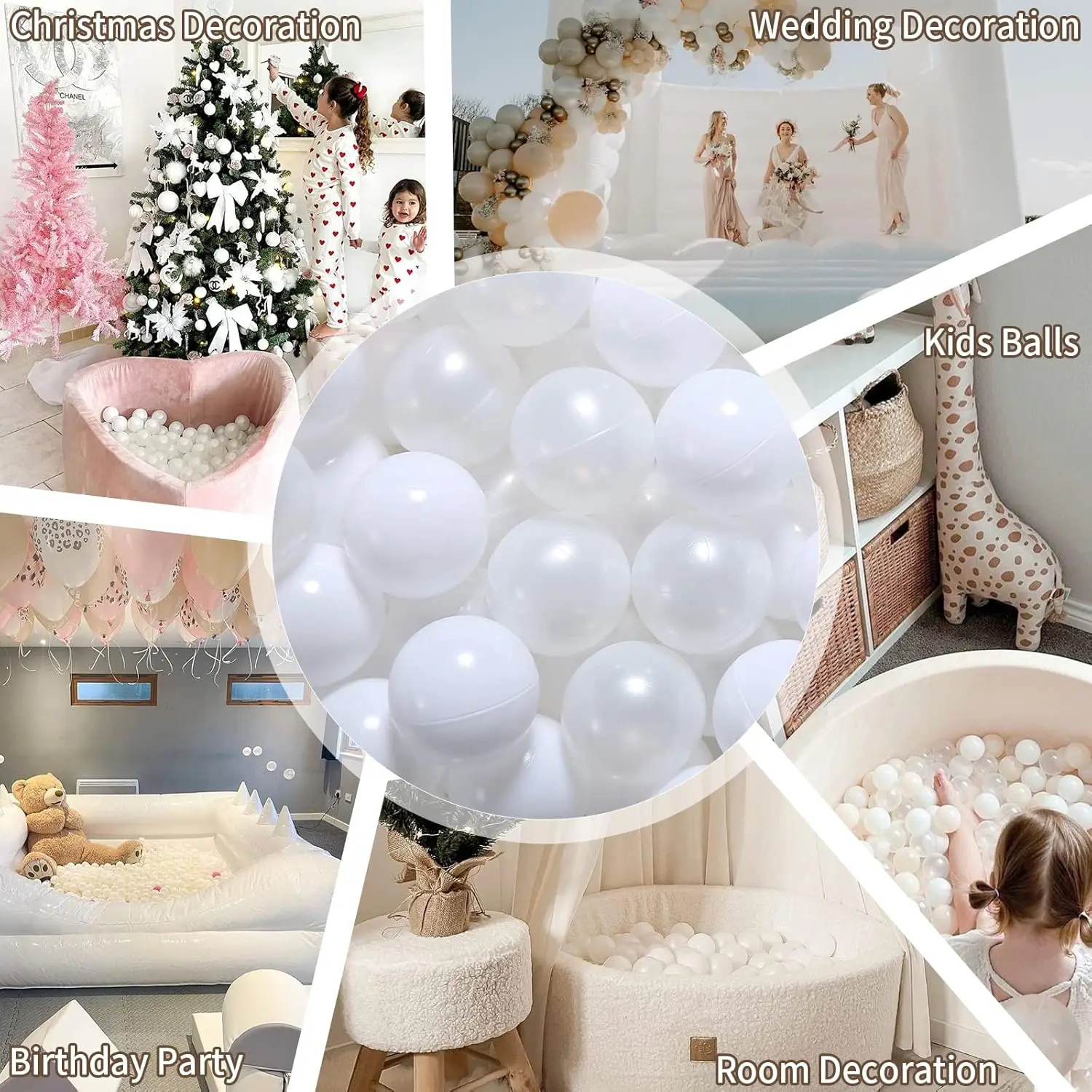Bolas para niños pequeños, bolas de plástico para pelota, parque infantil, piscina, decoración de fiesta Pastel para bebés, 100 bolas blancas + blancas perladas