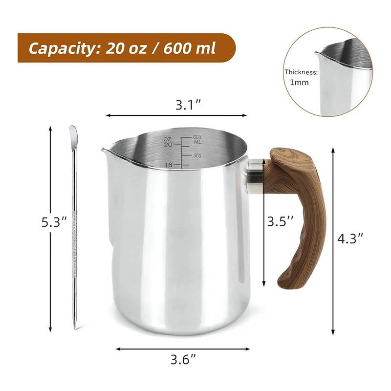 

A71Z Milk Frothing Pitcher 20 OZ (600ML),Espresso Steaming Pitchers with Anti-Scald Handle, Milk Frother Cup Stainless Steel