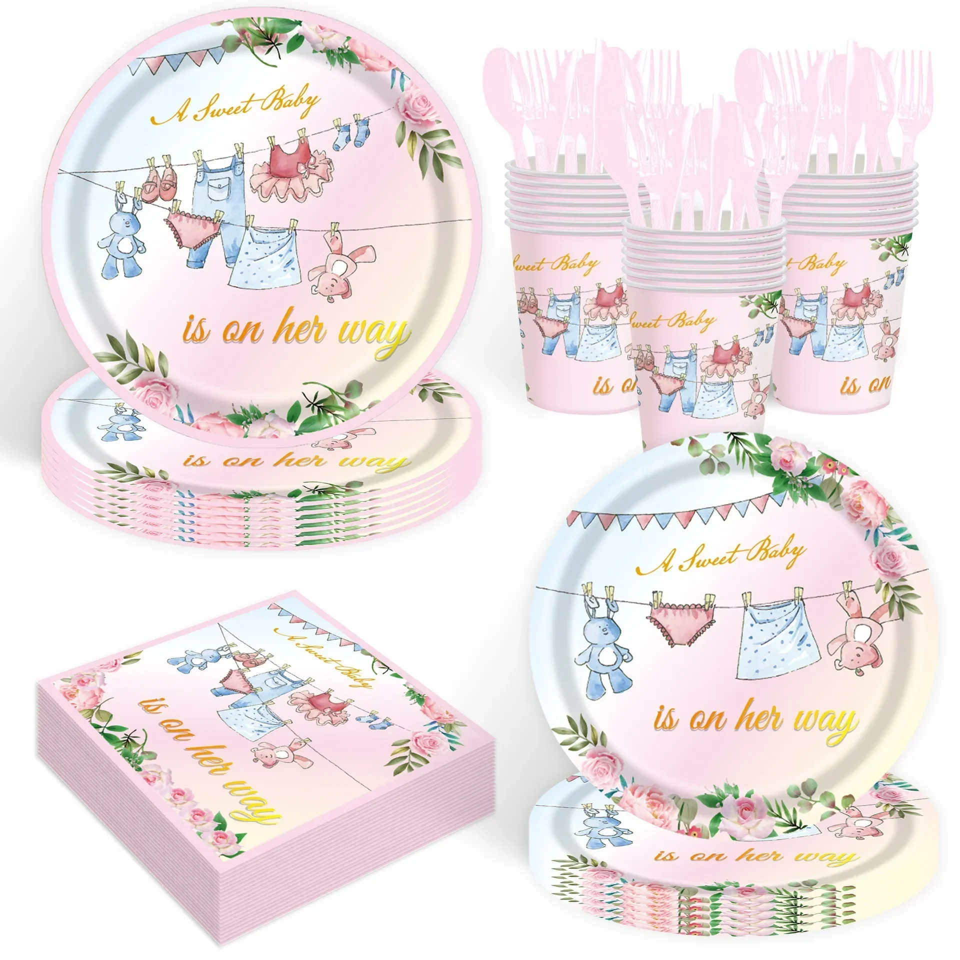 Babyshower Party Disposable Tableware Baby Girl One Year Old Plate Napkins A Sweet Girl Is On Her Way Gender Reveal Tableware