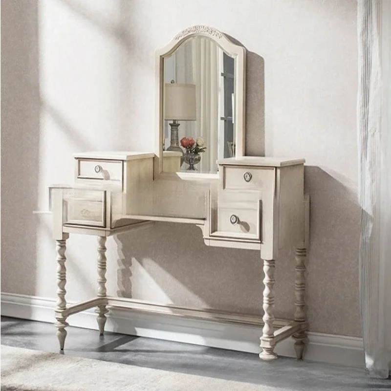 Comò retrò in legno massello country americano, sgabello da tavolo per trucco vecchio bianco moderno e semplice per camera da letto