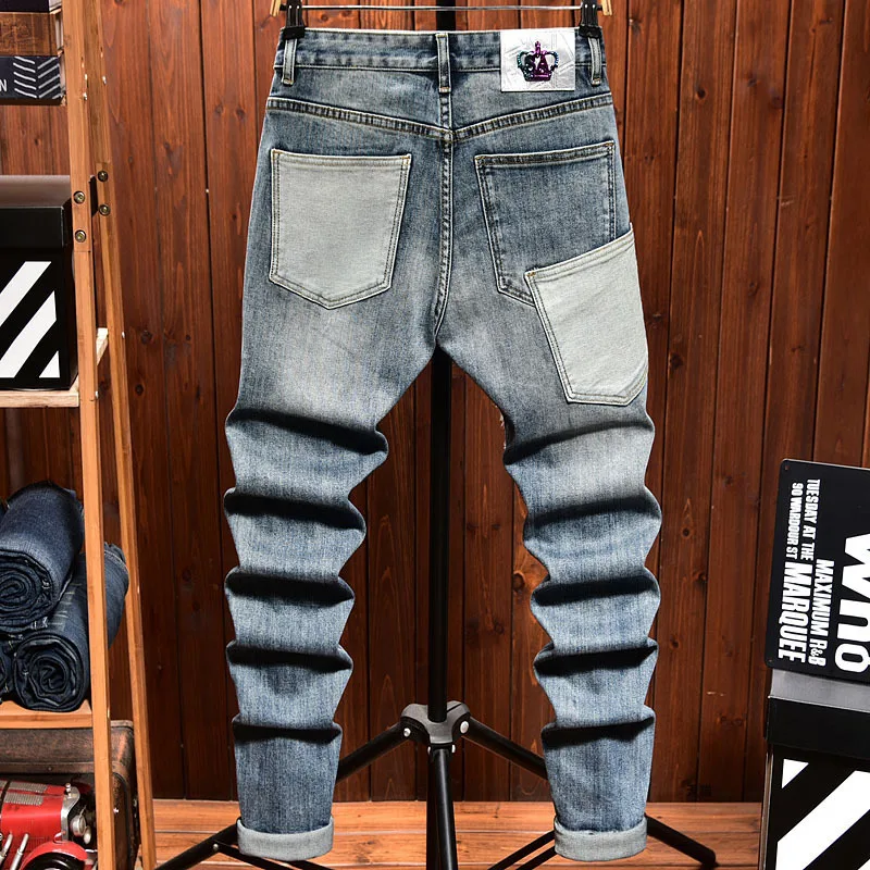 

Джинсы в стиле ретро в стиле пэчворк, мужские уличные модные брюки индивидуального дизайна, модный бренд, элитные джинсовые облегающие брюки с маленькими штанинами